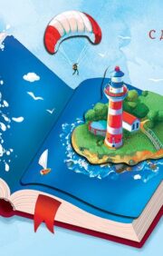Postcard. Happy birthday! Lighthouse in a book