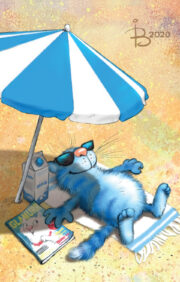Postcard. Blue cats. Cat on the beach