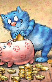 Postcard. Blue cats. piggy bank