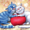 Postcard. Blue cats. Hugs on the pillow