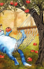 Pastkarte. Zilie kaķi. Šūpuļtīklā zem ābelēm