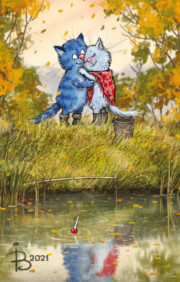Postcard. Blue cats. Date by the river
