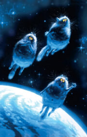 Postcard. Blue cats. Flight to the moon