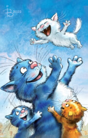 Postcard. Blue cats. Kitten flying