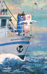 Postcard. Blue cats. On the ship