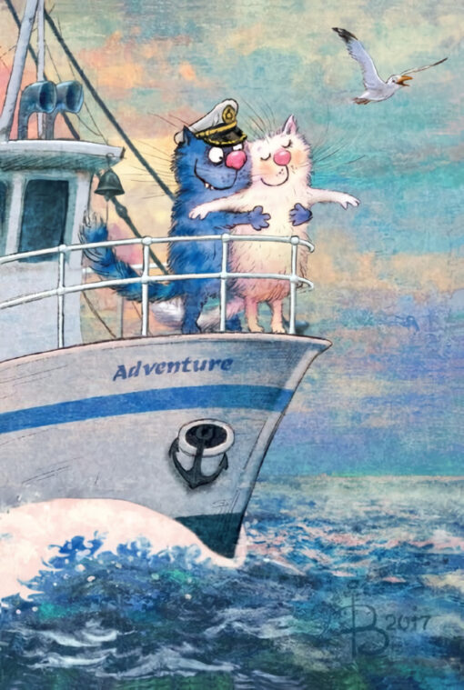 Postcard. Blue cats. On the ship