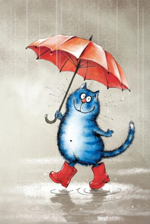 Pastkarte. Zilie kaķi. Sarkans lietussargs