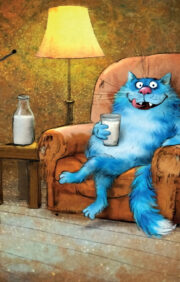 Postcard. Blue cats. With a glass of milk
