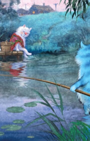 Postcard. Blue cats. Beauty on the river