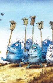 Postcard. Blue cats. Cats with birdhouses