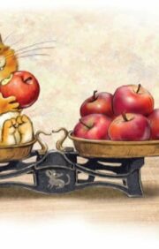 Postcard. Blue cats. Cat with apples