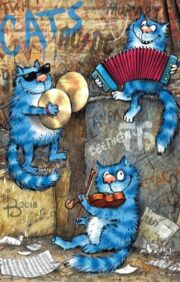 Postcard. Blue cats. Cat ensemble